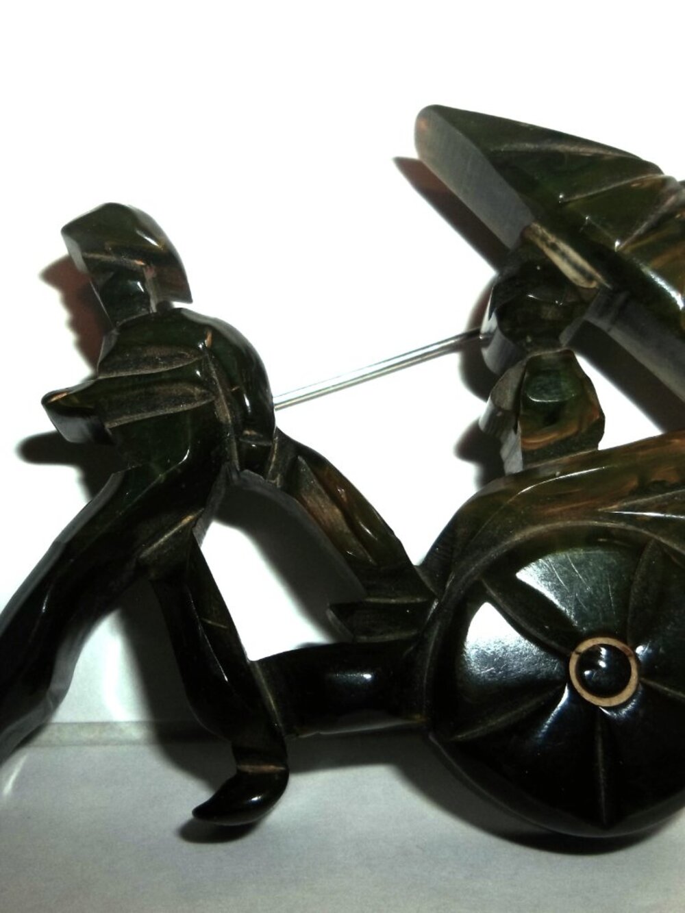 Vintage 1940's Chinese Asian Oriental Rickshaw Green Bakelite Pin Brooch
